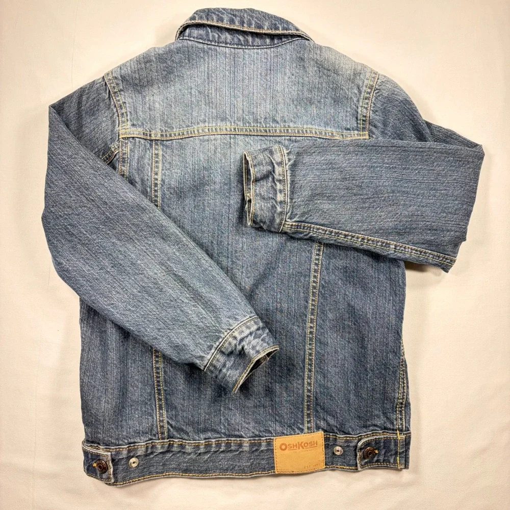 OshKosh B'gosh Kids Size 10 Blue Denim Trucker Jacket Medium Wash Logo Back